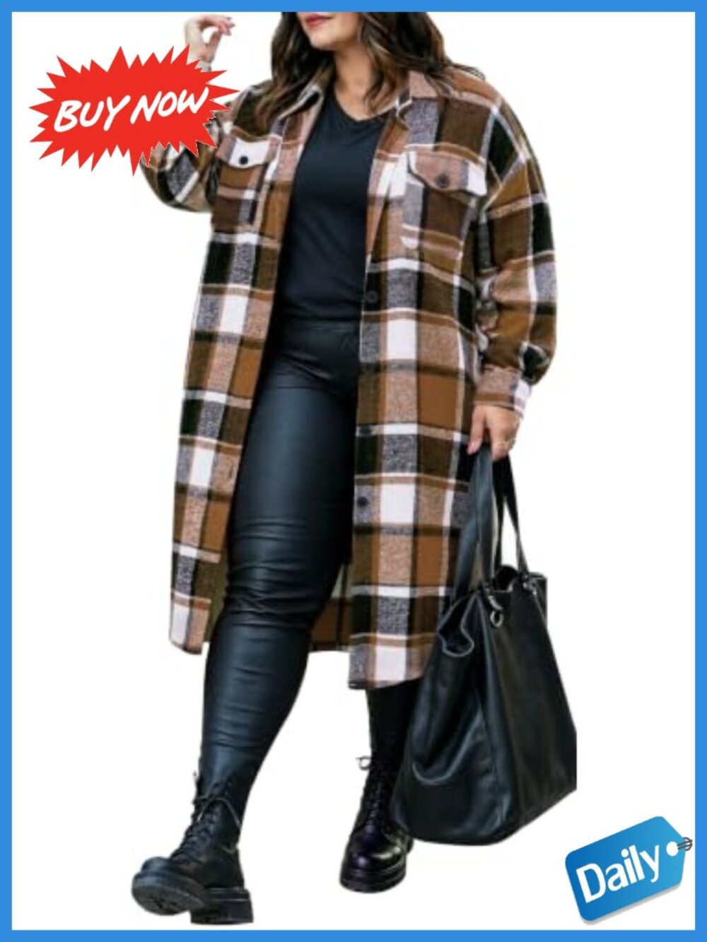 Plus Size Flannel Plaid Shacket Button Down Long Sleeve Midi Coat